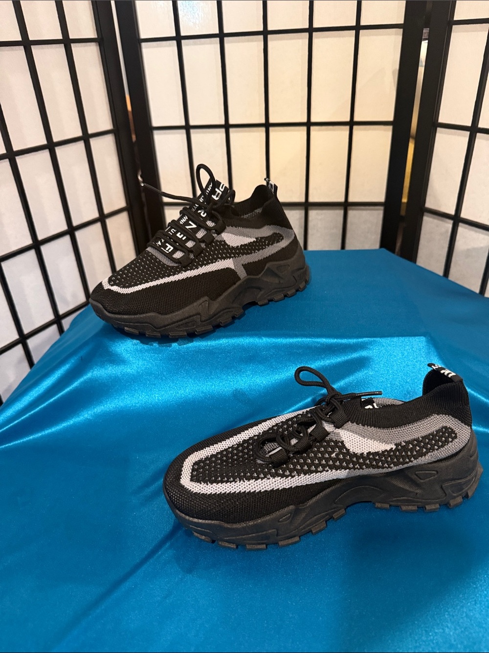Men's Black and Gray Knit Platform Sneakers
